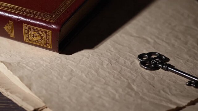 Exploring a vintage book paired with an antique key on aged parchment in a warm, inviting setting