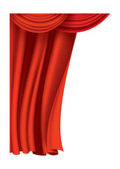 Red curtains realistic. Theater fabric silk decoration for movie cinema or opera hall. Curtains and draperies interior decoration object. Isolated on transparent for theater stage