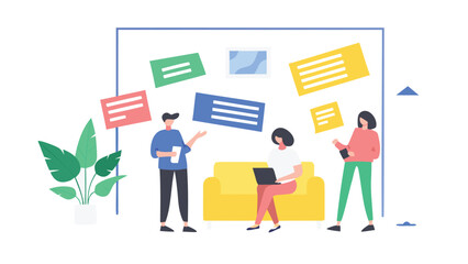 Charming pastel illustration of a relaxed coffee shop scene with people enjoying their drinks and conversations in a cozy inviting atmosphere