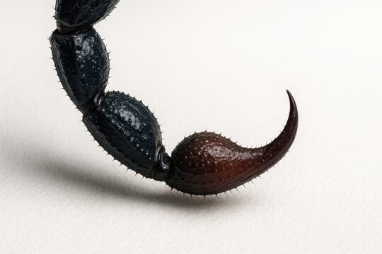 Asian forest scorpion tail tip macro on white background showing curved aculeus and textured telson for venom danger wildlife and toxin themes