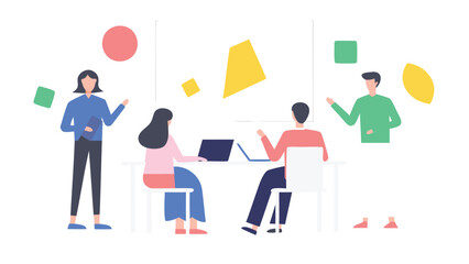 Pastel flat illustration of diverse coworkers collaborating and sharing creative ideas in a modern office environment promoting teamwork and innovation