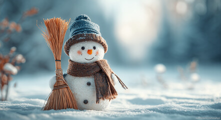 A charming winter scene featuring a cute, smiling snowman standing in a snowy landscape. The snowman wears a cozy blue knit hat and a warm brown scarf, with a carrot nose and rosy cheeks that add a ch