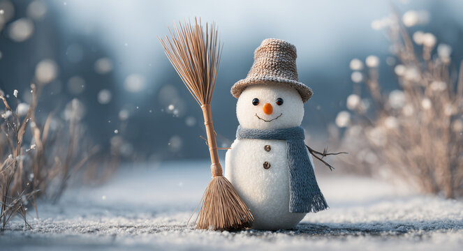 A delightful winter portrait of a cheerful snowman standing in a serene snowy landscape. The snowman is dressed in a cozy knitted hat and a soft blue scarf, giving it a warm and friendly appearance. I