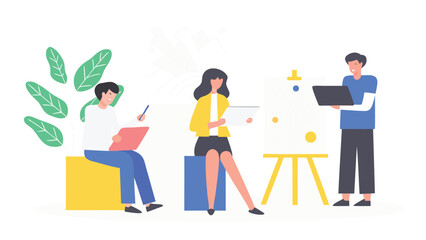 Minimalist abstract artwork featuring a diverse group of artists collaborating and sharing ideas in a soft pastel color palette ideal for creative projects