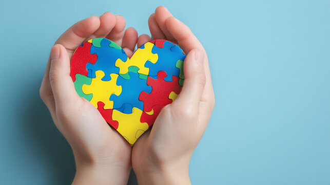 World autism awareness day concept. Child hands holding colorful puzzle heart on blue background