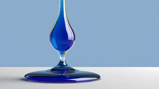 A blue liquid is dripping from a glass. The glass is on a table
