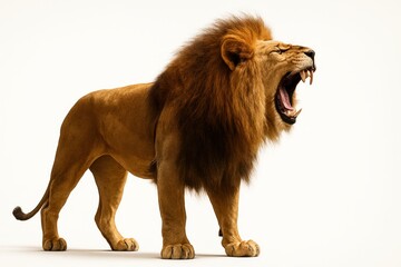 Adult male lion side profile on white background mouth open mid roar showing canines and tongue for wildlife predator and big cat themes