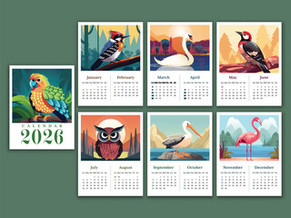 Complete Set of 2026 Monthly Calendar Design with Vibrant Birds Illustration.