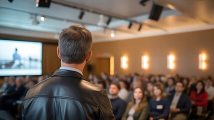 Fototapeta premium Man in black leather jacket speaking to audience in conference room with projector screen presentation