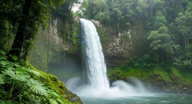 A serene waterfall cascading down a lush green forest landscape into a calm river below during daytime