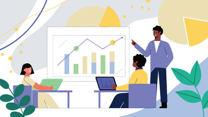 Dynamic 3d business meeting illustration with diverse professionals collaborating and discussing ideas around a table