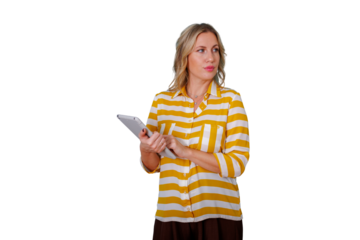 Blonde businesswoman holding tablet, looking away thoughtfully while planning future strategies, with transparent background
