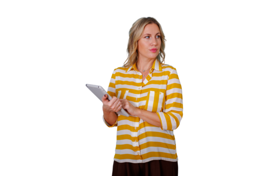 Blonde businesswoman holding tablet, looking away thoughtfully while planning future strategies, with transparent background