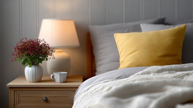 A bed with a yellow pillow and a white vase with flowers on a nightstand. The bed is covered with a white blanket and a white comforter