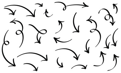 Curved black isolated modern abstract vector arrow icon set. Hand-drawn curved arrow set background. Black curved hand-drawn arrow icon set on white background. EPS 10. 