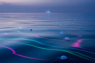 Bioluminescent jellyfish drift on calm ocean surface with glowing neon light trails and distant city skyline