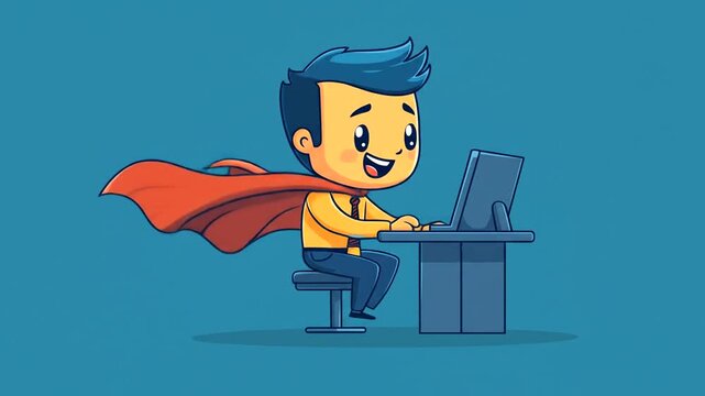 Heroic cartoon worker typing on computer