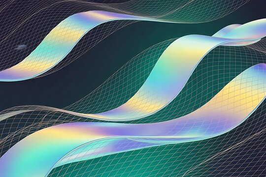 Abstract holographic ribbons flowing over a digital grid background wave