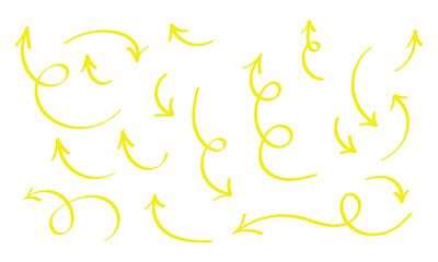  Doodle curved arrow set on white background. Modern vintage arrow icon. Yellow glowing hand-drawn curved arrow icon set on white background. EPS 10. 
