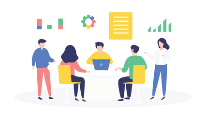 Diverse team of professionals collaborating and sharing ideas during a vibrant brainstorming session depicted in a modern colorful vector illustration