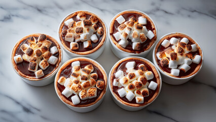 Six fictional Mini S'mores Pies, baked graham cracker crusts with golden mini marshmallows and melted chocolate. Quick desserts to enjoy around a fire pit.
