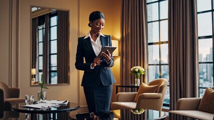 Businesswoman in formal attire reviewing tablet while standing in luxury hotel room during sunset - Powered by Adobe