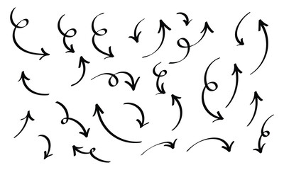 Black curved hand-drawn arrow icon set on white background. Curved isolated modern abstract vector arrow icon set. Hand-drawn curved arrow set background. EPS 10. 