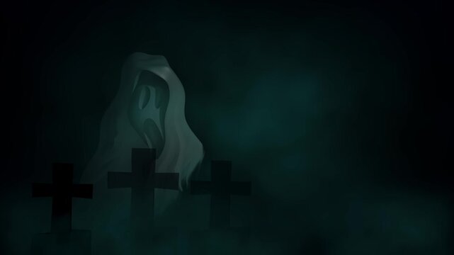 Moaning Ghost in lonely graveyard with dark clouds background