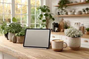 Tablet with blank screen propped up on a kitchen counter near a coffee cup casual home environment