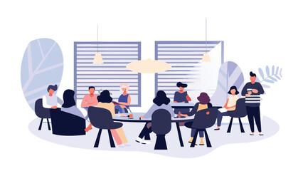Stylized illustration of a diverse team collaborating during a morning office meeting featuring people at a table with laptops and coffee conveying teamwork and business communication
