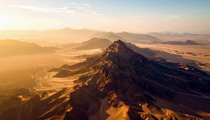 Aerial view of rugged desert mountains bathed in the warm glow of golden hour sunlight, with vast sandy plains stretching into the distance.