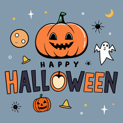 Happy halloween themed illustration with pumpkins, ghost, moon and stars on a gray background