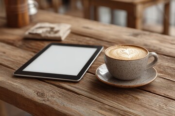 Tablet on a wooden cafe table next to cappuccino blank screen perfect for branding or app ui demo
