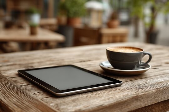 Tablet on a wooden cafe table next to cappuccino blank screen perfect for branding or app ui demo