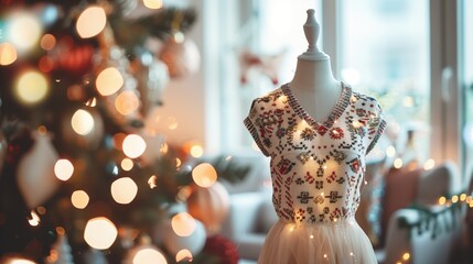 National Ugly Christmas Sweater Day:Stylish home interior with white dress mannequin wearing gaudy ugly Christmas sweater covered in 3D decorations and LED lights
