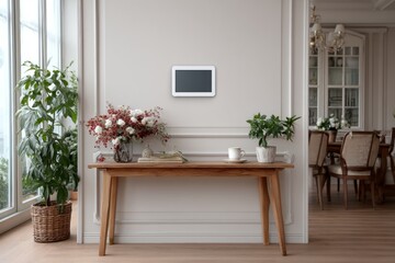 Tablet mounted on wall in smart home environment with blank screen for control panel mockup