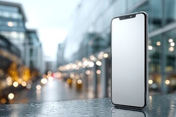Smartphone standing vertically on glass table with urban reflections and blank screen for mockup