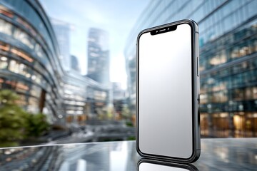 Smartphone standing vertically on glass table with urban reflections and blank screen for mockup