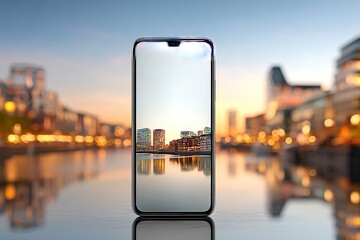 Smartphone standing vertically on glass table with urban reflections and blank screen for mockup
