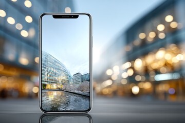 Smartphone standing vertically on glass table with urban reflections and blank screen for mockup