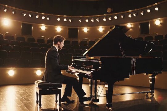 Pianist performs in an empty concert hall lit by stage lights during a captivating evening recital