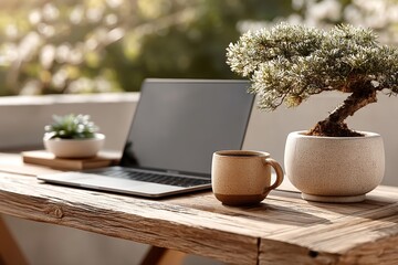 Laptop with blank screen on minimalist wooden desk with plant and coffee mug daylight scene