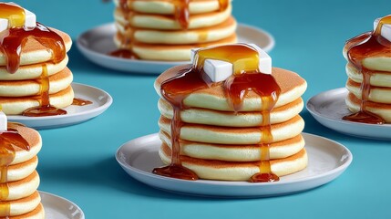 A stack of pancakes with syrup and butter on top. The pancakes are piled on top of each other and are spread out on a blue background