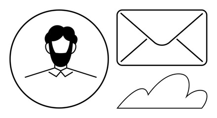 Profile avatar in circle, envelope for email, and cloud symbol for storage. Ideal for technology, user identity, communication, digital tools, virtual platforms, networking simple flat metaphor