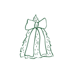 Green Christmas tree with bow and ribbon in whimsical style. Vector doodle winter illustration