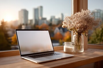 Laptop on high table near window with city view blank screen mockup in natural light