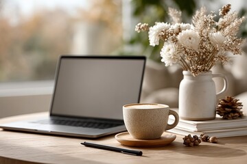 Laptop with blank screen on round table with stylus and coffee cup creative workspace setup