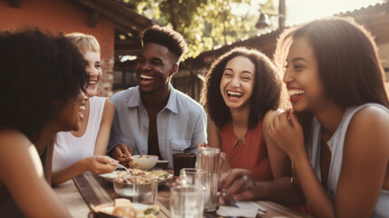 Happy friends enjoying outdoor dining and laughter together
