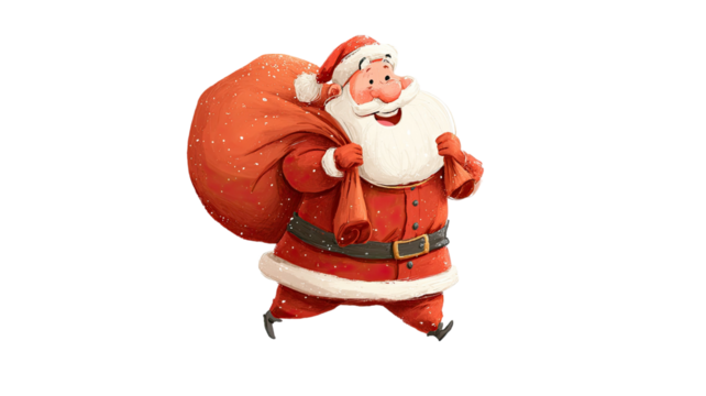 Cheerful cartoon Santa Claus carrying a large red gift sack with snow details creating festive Christmas character artwork isolated on white background