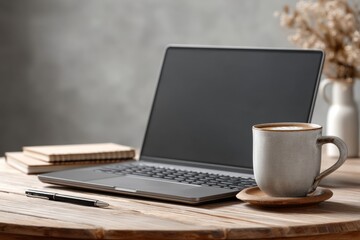 Laptop with blank screen on round table with stylus and coffee cup creative workspace setup